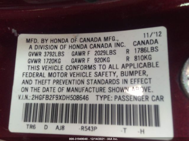 Photo 8 VIN: 2HGFB2F9XDH508646 - HONDA CIVIC SDN 