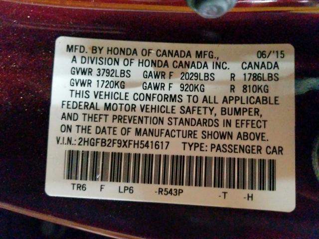 Photo 9 VIN: 2HGFB2F9XFH541617 - HONDA CIVIC EXL 