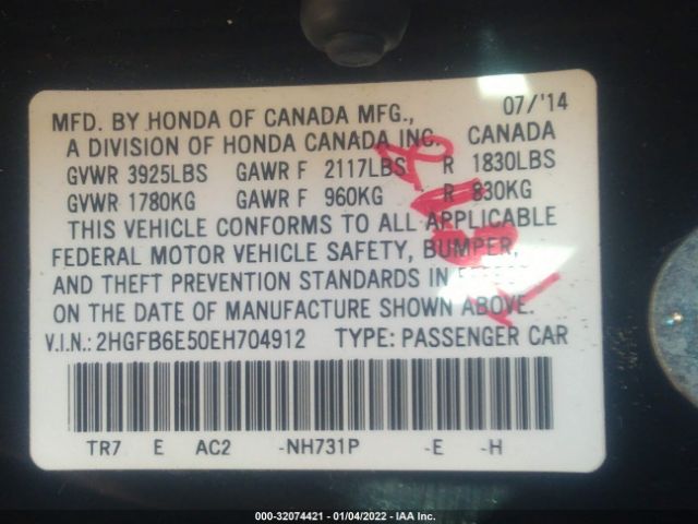 Photo 8 VIN: 2HGFB6E50EH704912 - HONDA CIVIC SEDAN 