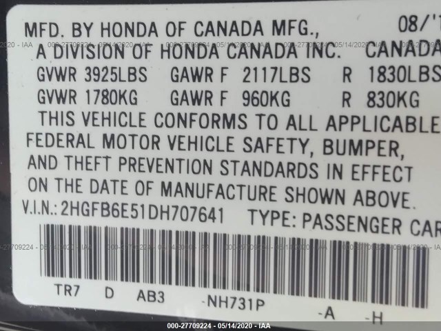 Photo 8 VIN: 2HGFB6E51DH707641 - HONDA CIVIC SDN 