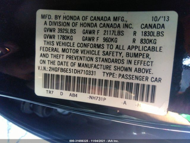 Photo 8 VIN: 2HGFB6E51DH710331 - HONDA CIVIC SDN 