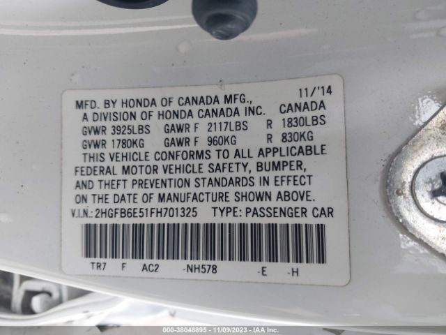 Photo 8 VIN: 2HGFB6E51FH701325 - HONDA CIVIC 