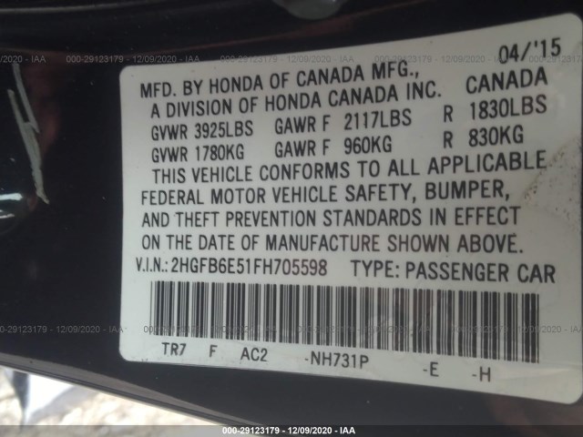 Photo 8 VIN: 2HGFB6E51FH705598 - HONDA CIVIC SEDAN 