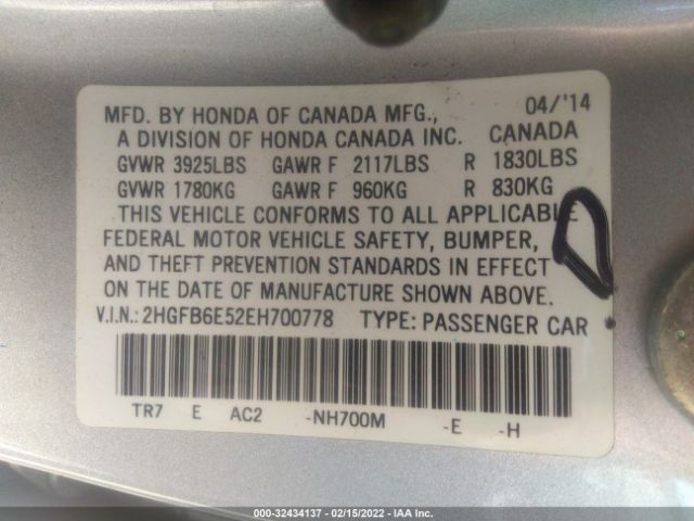 Photo 8 VIN: 2HGFB6E52EH700778 - HONDA CIVIC SEDAN 