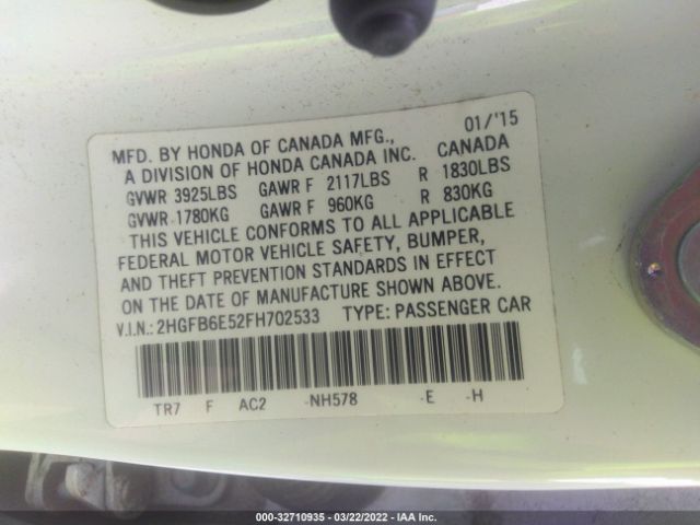 Photo 8 VIN: 2HGFB6E52FH702533 - HONDA CIVIC SEDAN 