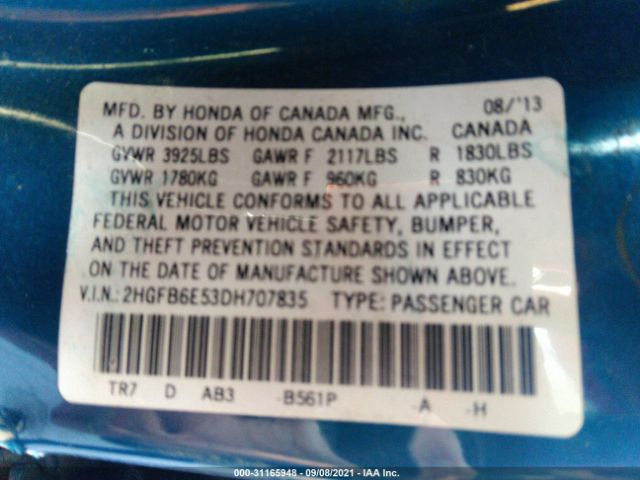 Photo 8 VIN: 2HGFB6E53DH707835 - HONDA CIVIC SDN 