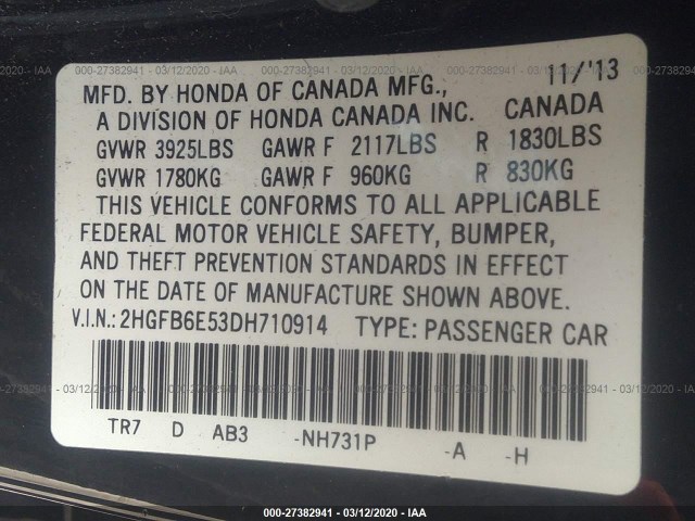 Photo 8 VIN: 2HGFB6E53DH710914 - HONDA CIVIC SDN 