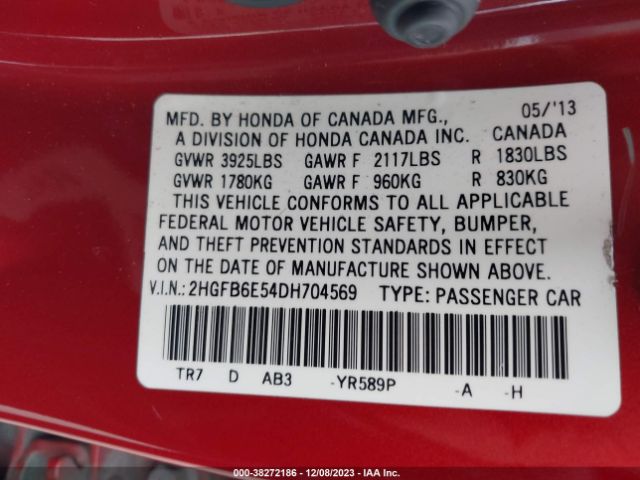 Photo 8 VIN: 2HGFB6E54DH704569 - HONDA CIVIC 