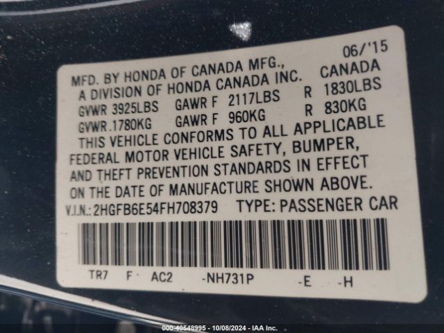 Photo 8 VIN: 2HGFB6E54FH708379 - HONDA CIVIC 