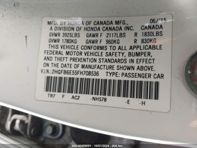 Photo 8 VIN: 2HGFB6E55FH708536 - HONDA CIVIC 