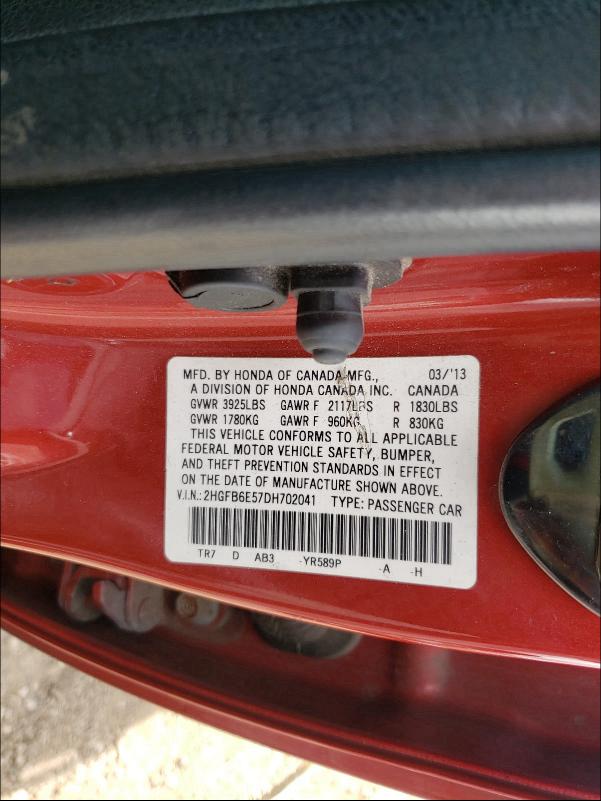 Photo 9 VIN: 2HGFB6E57DH702041 - HONDA CIVIC SI 