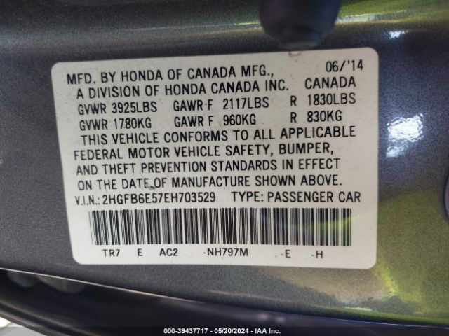 Photo 8 VIN: 2HGFB6E57EH703529 - HONDA CIVIC 