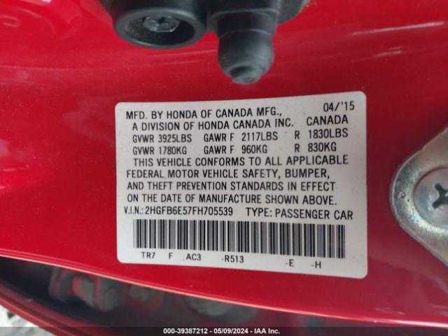 Photo 8 VIN: 2HGFB6E57FH705539 - HONDA CIVIC 