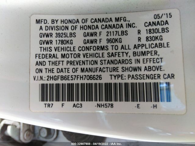 Photo 8 VIN: 2HGFB6E57FH706626 - HONDA CIVIC SEDAN 