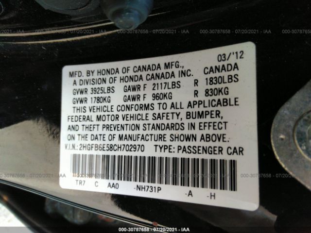 Photo 8 VIN: 2HGFB6E58CH702970 - HONDA CIVIC SDN 