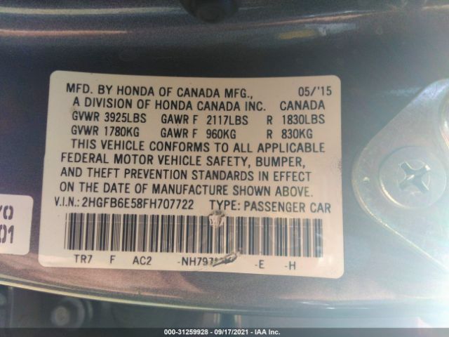 Photo 8 VIN: 2HGFB6E58FH707722 - HONDA CIVIC SEDAN 