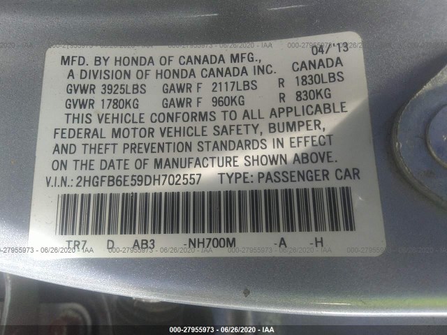 Photo 8 VIN: 2HGFB6E59DH702557 - HONDA CIVIC SDN 