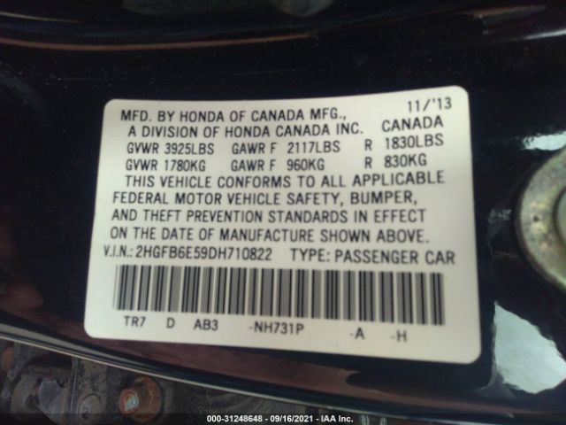 Photo 8 VIN: 2HGFB6E59DH710822 - HONDA CIVIC SDN 