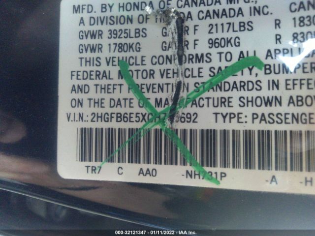 Photo 8 VIN: 2HGFB6E5XCH705692 - HONDA CIVIC SDN 