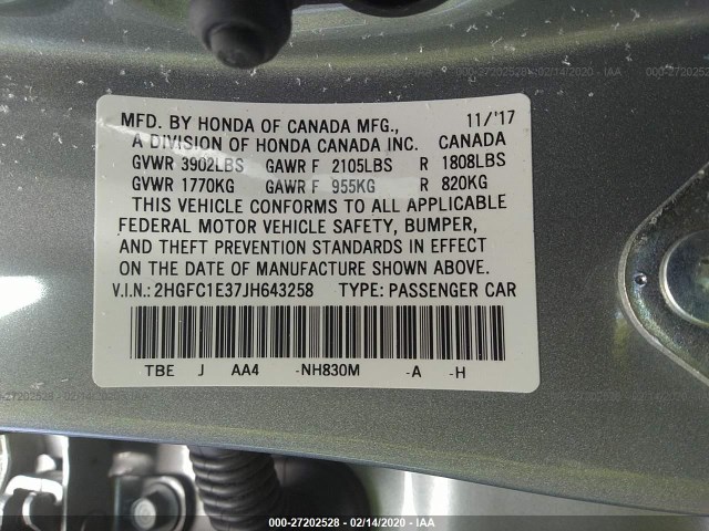 Photo 8 VIN: 2HGFC1E37JH643258 - HONDA CIVIC SEDAN 