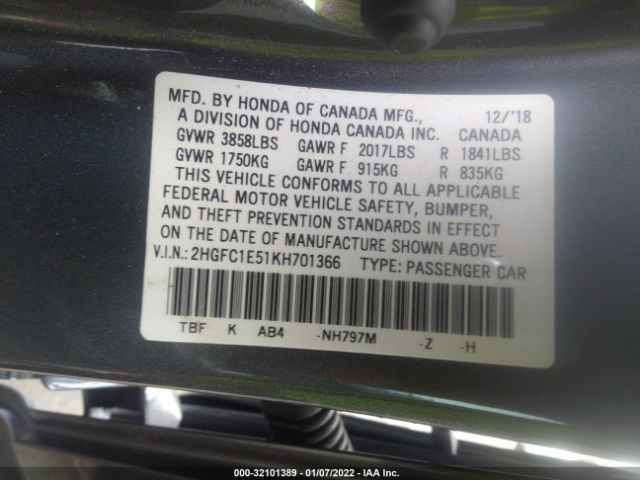 Photo 8 VIN: 2HGFC1E51KH701366 - HONDA CIVIC SI SEDAN 