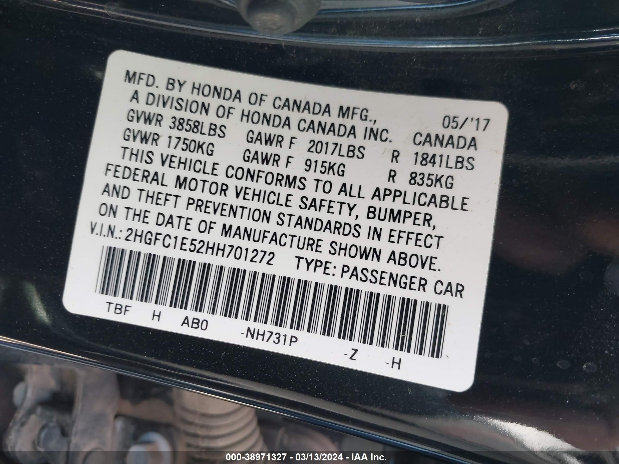 Photo 8 VIN: 2HGFC1E52HH701272 - HONDA CIVIC 