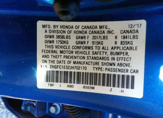 Photo 8 VIN: 2HGFC1E52JH702170 - HONDA CIVIC 