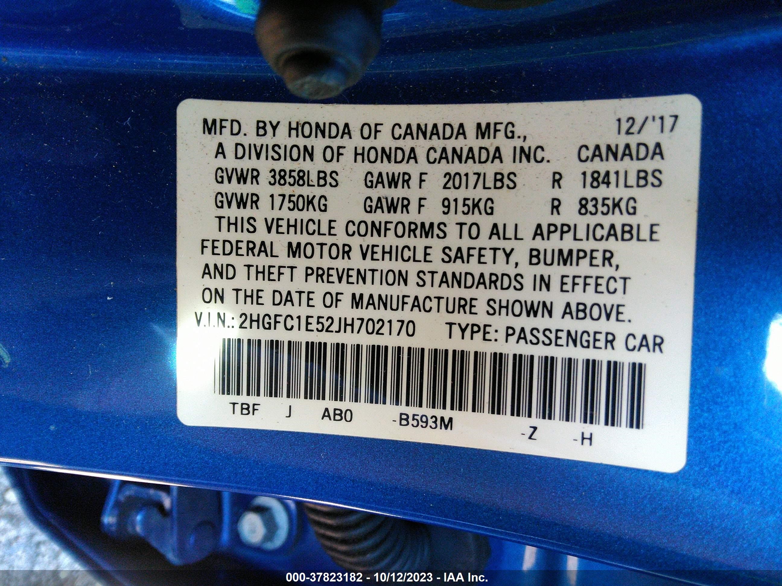 Photo 8 VIN: 2HGFC1E52JH702170 - HONDA CIVIC 