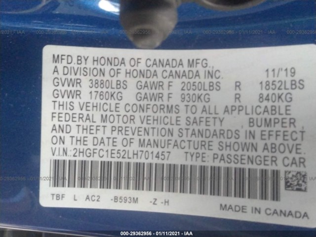 Photo 8 VIN: 2HGFC1E52LH701457 - HONDA CIVIC SI SEDAN 