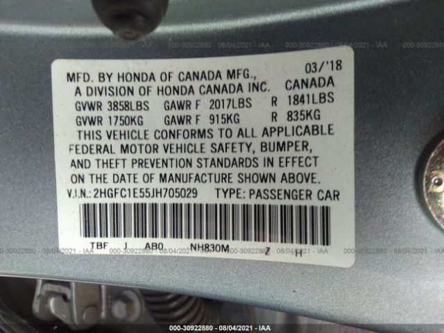 Photo 8 VIN: 2HGFC1E55JH705029 - HONDA CIVIC SI SEDAN 