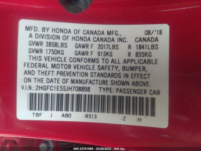 Photo 8 VIN: 2HGFC1E55JH708898 - HONDA CIVIC SI SEDAN 