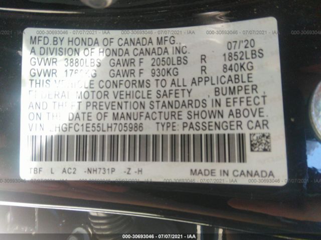 Photo 8 VIN: 2HGFC1E55LH705986 - HONDA CIVIC SI SEDAN 