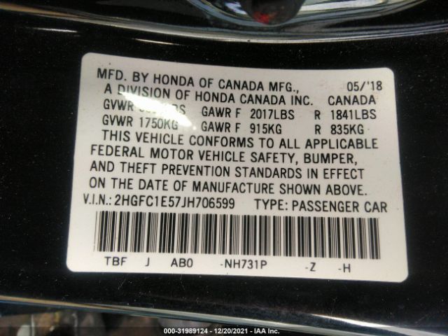 Photo 8 VIN: 2HGFC1E57JH706599 - HONDA CIVIC SI SEDAN 