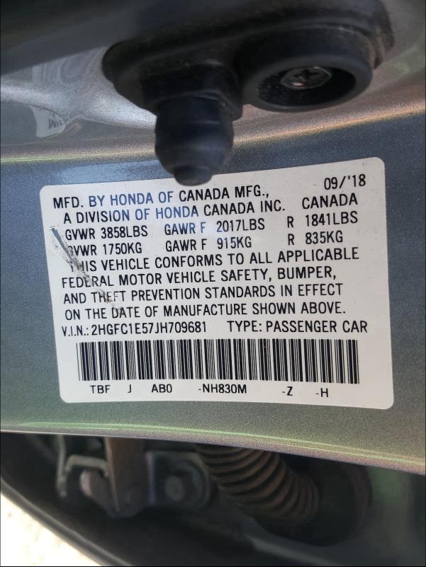 Photo 9 VIN: 2HGFC1E57JH709681 - HONDA CIVIC SI 