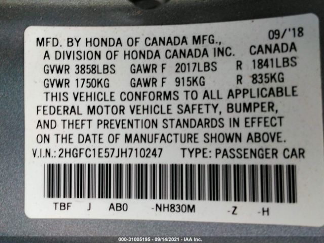 Photo 8 VIN: 2HGFC1E57JH710247 - HONDA CIVIC SI SEDAN 