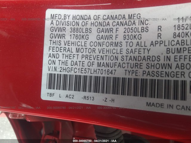 Photo 8 VIN: 2HGFC1E57LH701647 - HONDA CIVIC SI SEDAN 