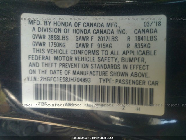 Photo 8 VIN: 2HGFC1E58JH704893 - HONDA CIVIC SI SEDAN 