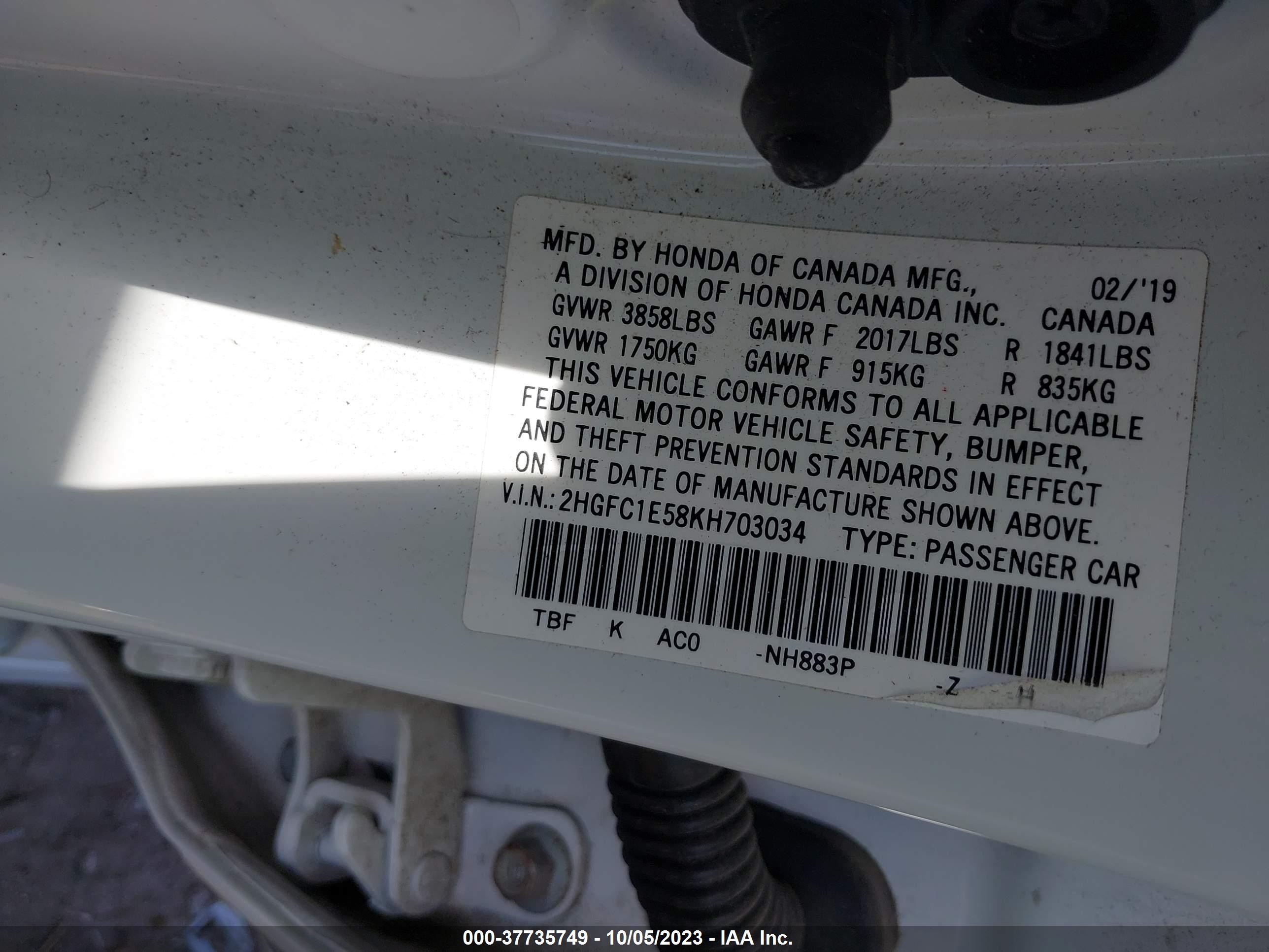 Photo 8 VIN: 2HGFC1E58KH703034 - HONDA CIVIC 