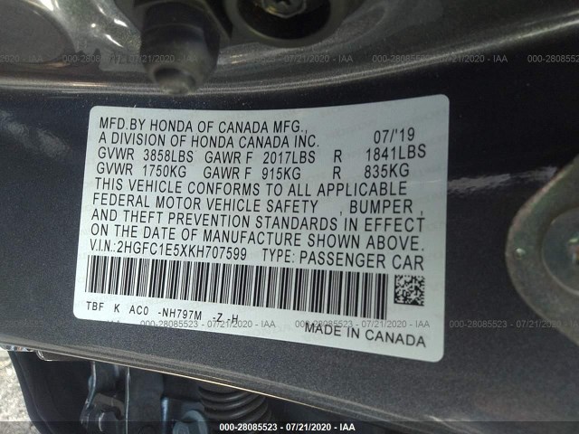 Photo 8 VIN: 2HGFC1E5XKH707599 - HONDA CIVIC SI SEDAN 