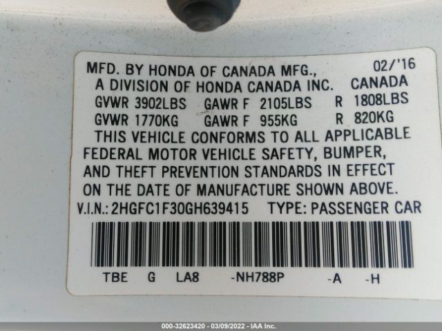 Photo 8 VIN: 2HGFC1F30GH639415 - HONDA CIVIC SEDAN 