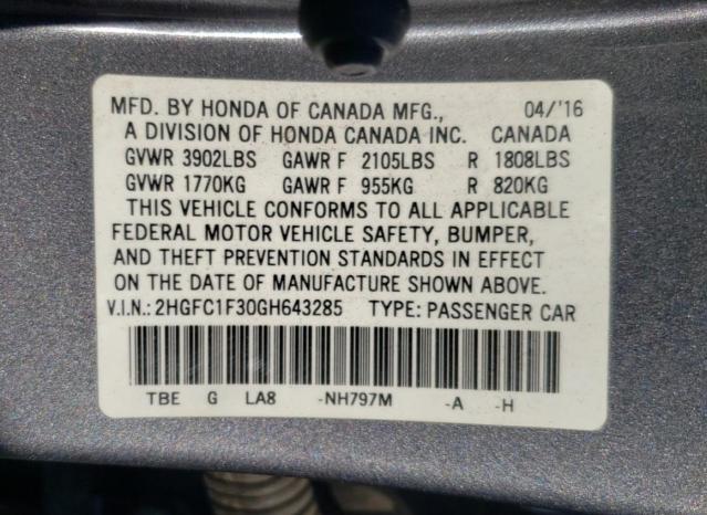 Photo 9 VIN: 2HGFC1F30GH643285 - HONDA CIVIC EX 