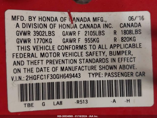 Photo 8 VIN: 2HGFC1F30GH649443 - HONDA CIVIC 