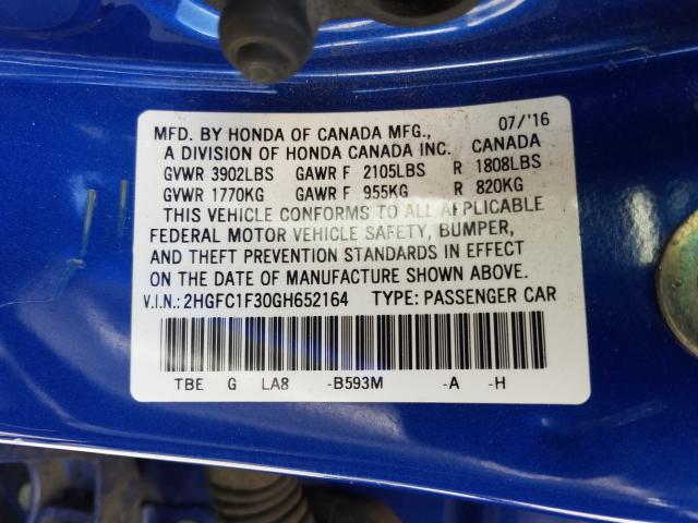 Photo 9 VIN: 2HGFC1F30GH652164 - HONDA CIVIC EX 