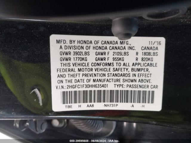 Photo 8 VIN: 2HGFC1F30HH635401 - HONDA CIVIC 