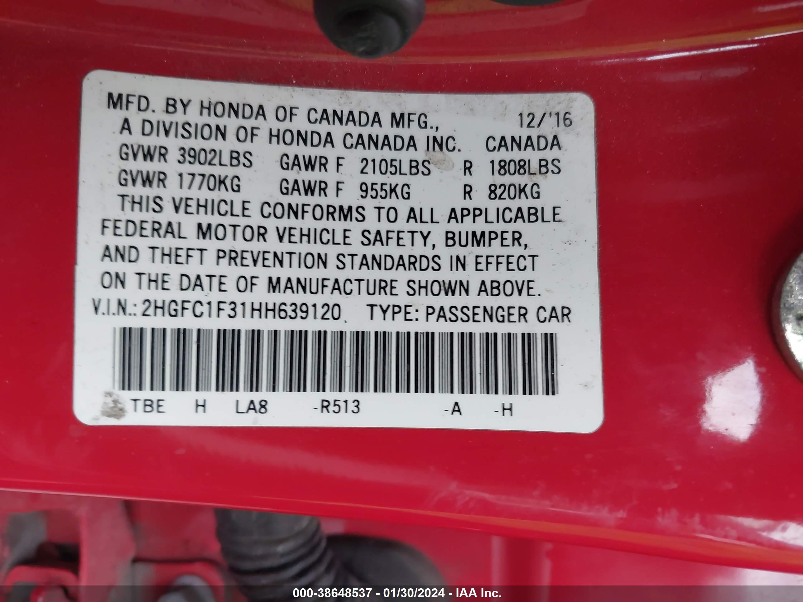 Photo 8 VIN: 2HGFC1F31HH639120 - HONDA CIVIC 