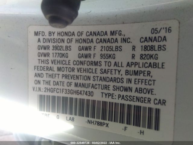 Photo 8 VIN: 2HGFC1F33GH647430 - HONDA CIVIC SEDAN 