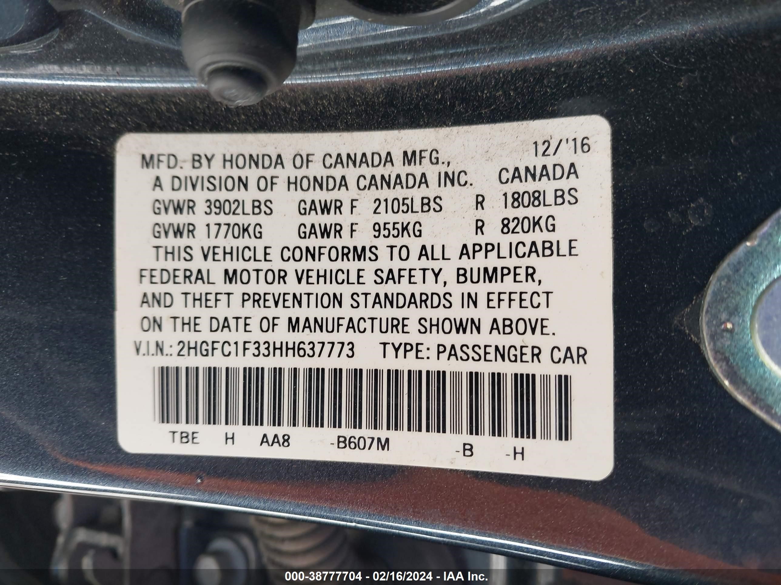 Photo 8 VIN: 2HGFC1F33HH637773 - HONDA CIVIC 