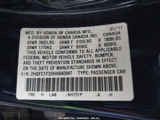 Photo 8 VIN: 2HGFC1F33HH640947 - HONDA CIVIC 