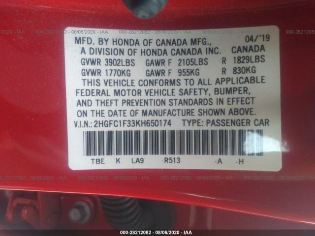 Photo 8 VIN: 2HGFC1F33KH650174 - HONDA CIVIC SEDAN 