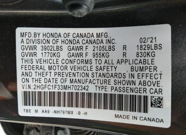 Photo 8 VIN: 2HGFC1F33MH702342 - HONDA CIVIC SEDAN 